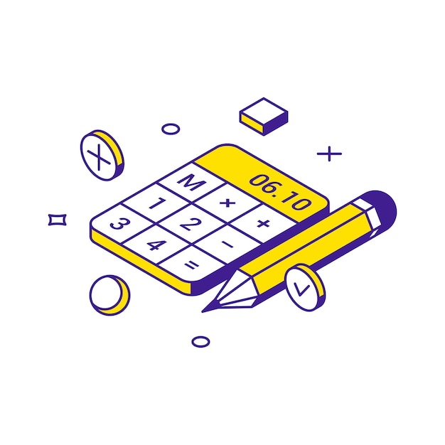 Mathematics counting with calculator successful learning with pencil 3d icon isometric vector