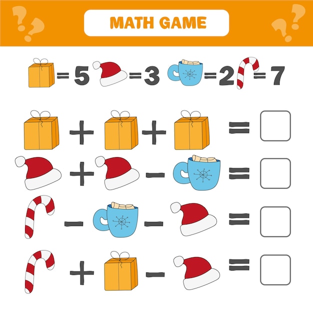 Mathematics educational game for children. mathematical counting equations worksheet for kids. christmas, winter holidays theme