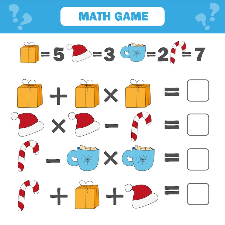 Vector mathematics educational game for children. mathematical counting equations worksheet for kids. christmas, winter holidays theme