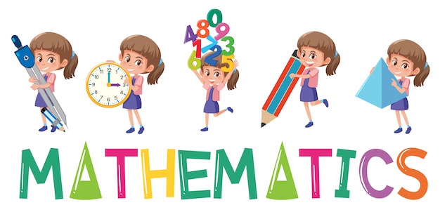 Mathematics logo with girl in many movements isolated