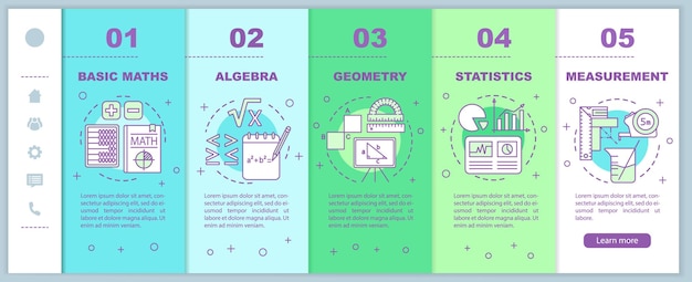 maths course onboarding mobile web pages vector template. algebra, geometry. responsive smartphone website interface idea with linear illustrations. webpage walkthrough step screens. color concept