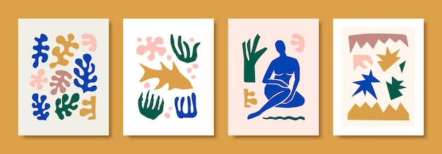 Matisse Abstract Art Sets the Female Figure and Organic Shapes in a trendy minimal style. Vector collage of female body, birds and fish and botanical elements made of cut paper