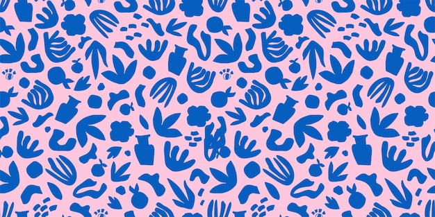 Matisse abstract modern art seamless pattern with blue geometric botanical shapes leaves on pink background Vector repeat print