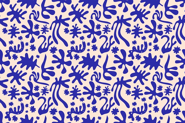 マティスの抽象的な形のシームレスなパターン。藻類と植物の葉の切り欠きの形、パターンのしみ。フラットスタイルの青い色の有機的な抽象化。アンリマティススタイル