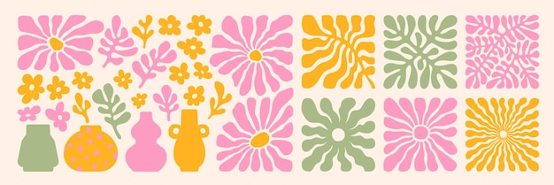 Vector matisse curves aestethic groovy abstract flower art set in trendy naive retro hippie 60s 70s style