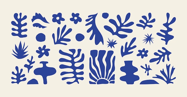 Matisse 기하학적 및 유기적 모양 포스터 표지를 위한 추상적이고 현대적인 자연 꽃 낙서