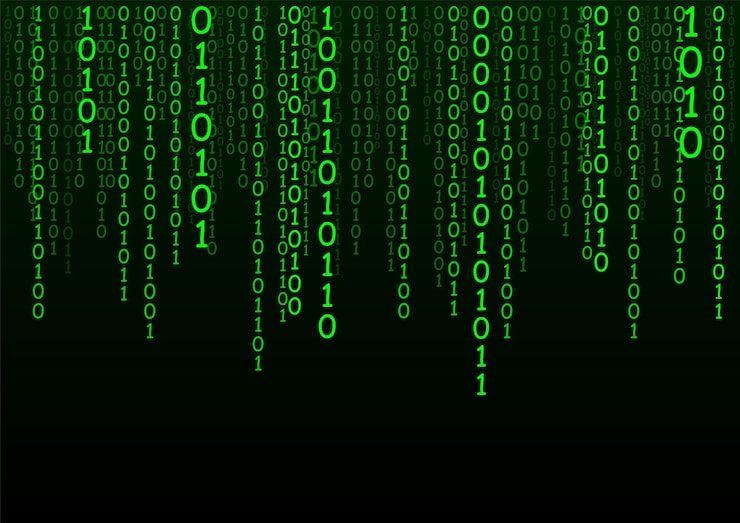 Vector matrix background cyber security with binary code rapidly falling randomly green numbers decoding algorithms hacked software big data visualization