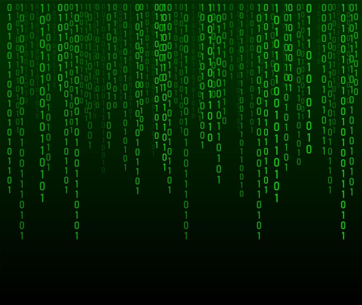 Vector matrix background cyber security with binary code rapidly falling randomly green numbers decoding algorithms hacked software big data visualization