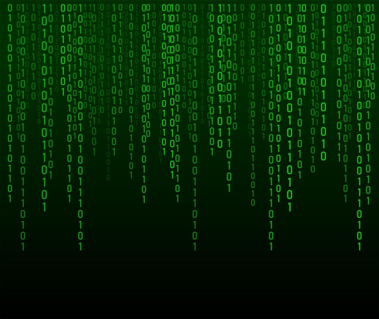 Vector matrix background cyber security with binary code rapidly falling randomly green numbers decoding algorithms hacked software big data visualization
