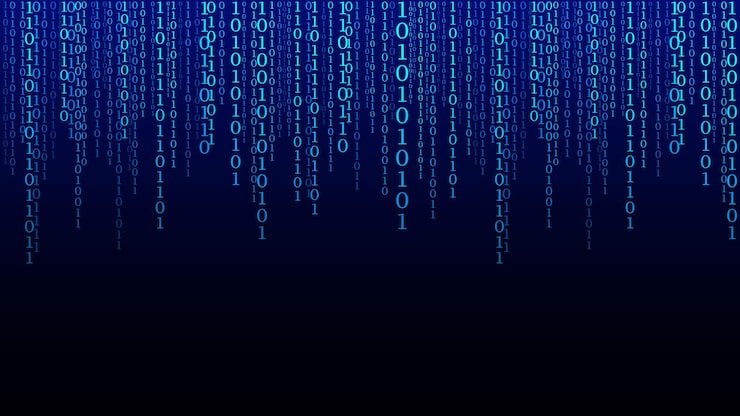 Vector matrix background cyber security with binary code rapidly falling randomly white numbers decoding algorithms hacked software big data visualization