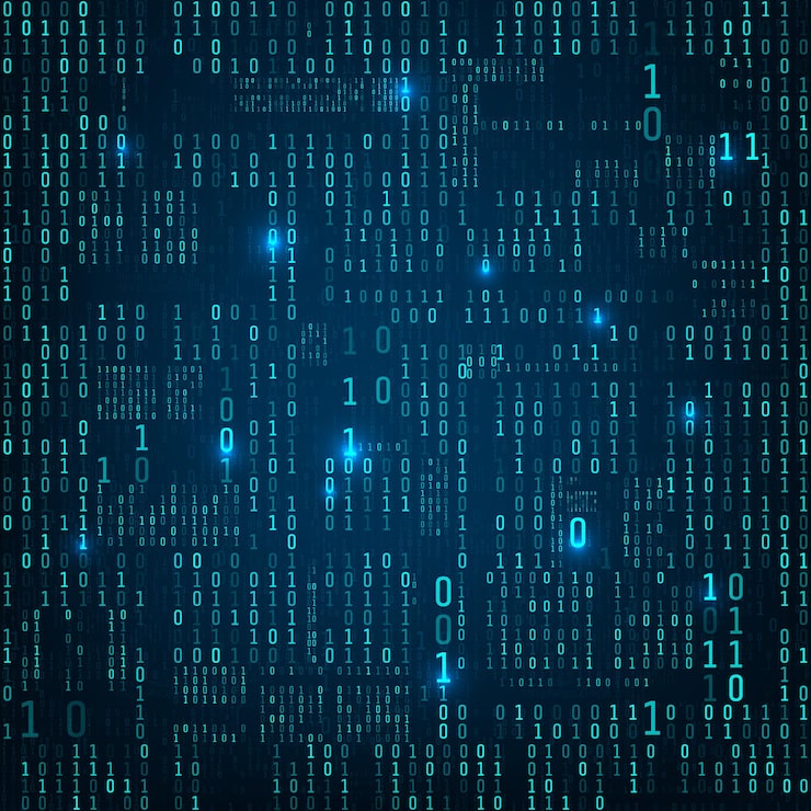Vector matrix of binary numbers. binary computer code. flow of blue random digital numbers. futuristic or sci-fi backdrop. numbers falling on the dark background. vector illustration