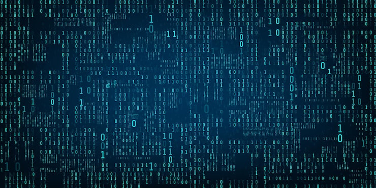 Vector 二進制數字矩陣二進制電腦代碼未來或科幻背景藍色隨機數字流動數字落在黑暗背景上向量插圖