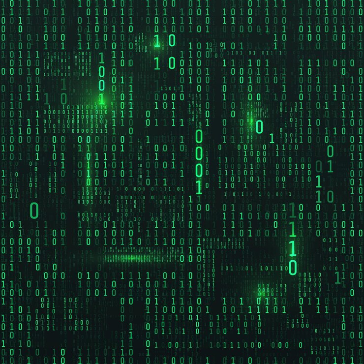 Vector 2進数の行列。サイエンスフィクションの背景。バイナリコンピュータコード。緑のデジタル番号。未来的なハッカーの抽象化の背景。暗い背景にある乱数。ベクトルイラスト