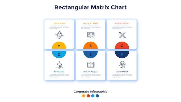 Grafico a matrice con 6 celle quadrate con lettere disposte in righe concetto di sei opzioni di business tra cui scegliere modello di progettazione infografica aziendale illustrazione vettoriale piatta moderna per la presentazione