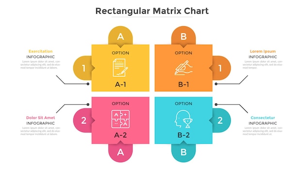 Матричная диаграмма с 4 красочными прямоугольными ячейками, расположенными в ряды и столбцы. таблица с четырьмя вариантами выбора. современный инфографический шаблон дизайна. плоские векторные иллюстрации для презентации.