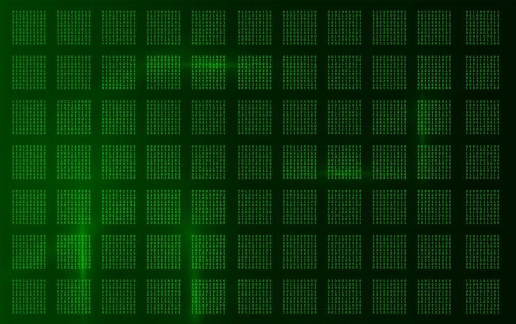 Вектор matrix digital code background with a glowing green grid of binary numbers abstract futuristic technology concept symbolizing artificial intelligence cyber data and information network systems