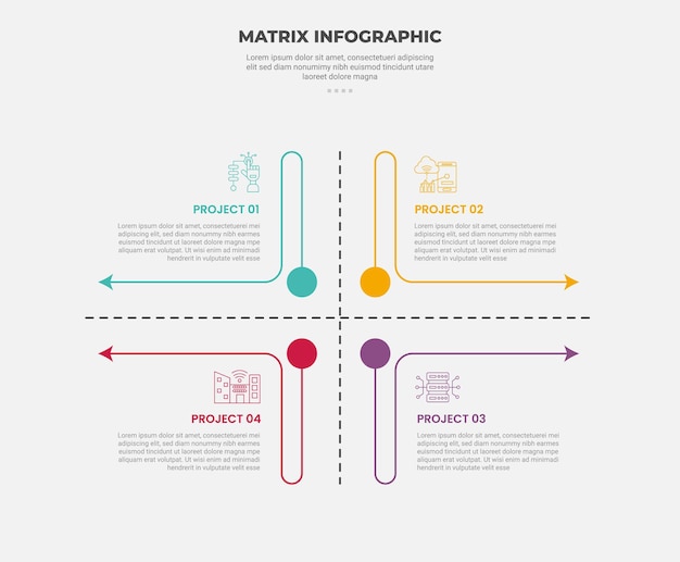 matrix grid structure infographic outline style with 4 point template with open container structure with arrow and dotted axis for slide presentation