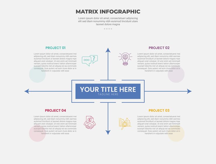 Vector 매트릭스 그리드 구조: 슬라이드 프레젠테이션을 위해 화살표가 퍼지는 방향을 가진 날카로운 직사각형 컨테이너 상자를 가진 4 포인트 템플릿으로 인포그래픽 윤 스타일