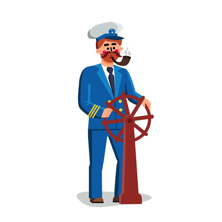 Vector matroos kapitein persoon bedrijf schip wiel vector. kapitein man draagt uniform en hoed rookpijp en stuurboot zeetransportschip. karakter zeeman platte cartoon afbeelding