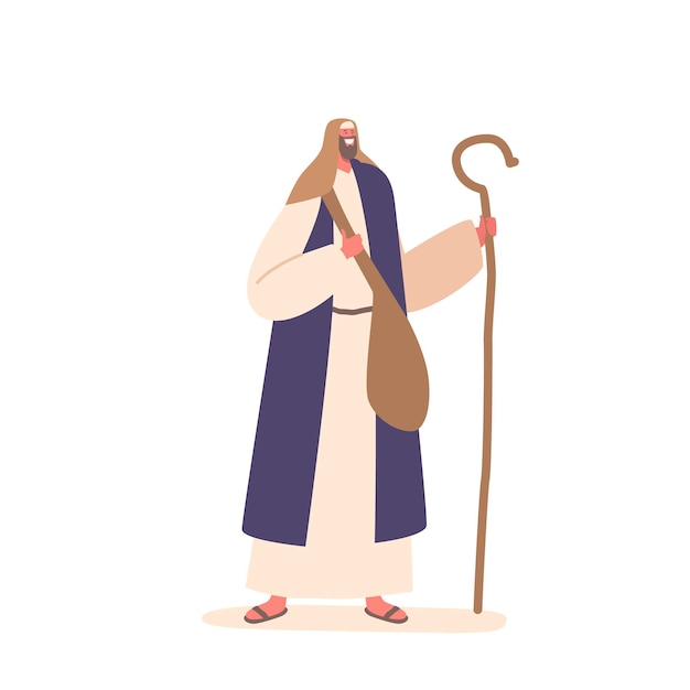 Mature Ancient Israel Man With Staff Wise Bearded Male Character Robed And Sandaled Carries A Long Wooden Staff