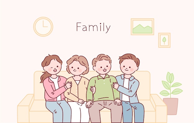 Vector mature child and elderly parent sitting together on sofa looking at each other and smiling happily