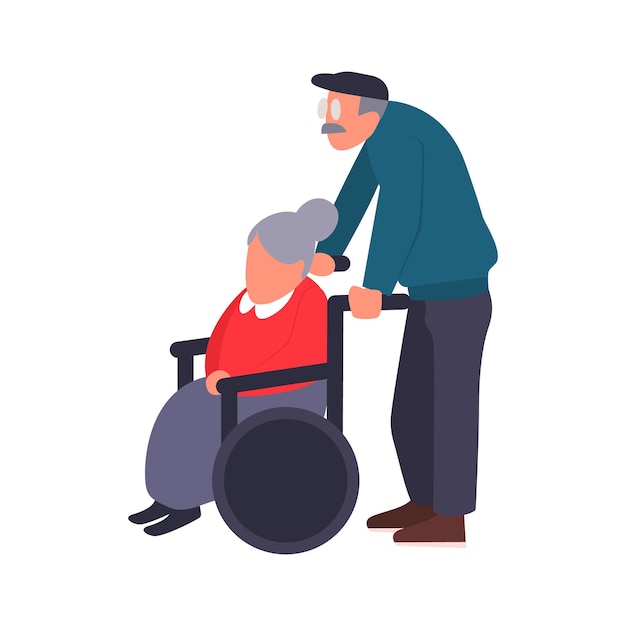 Vector mature couple on a walk. care of a disabled person. old man carries an elderly woman in a wheelchair. cartoon vector illustration of senior couple.