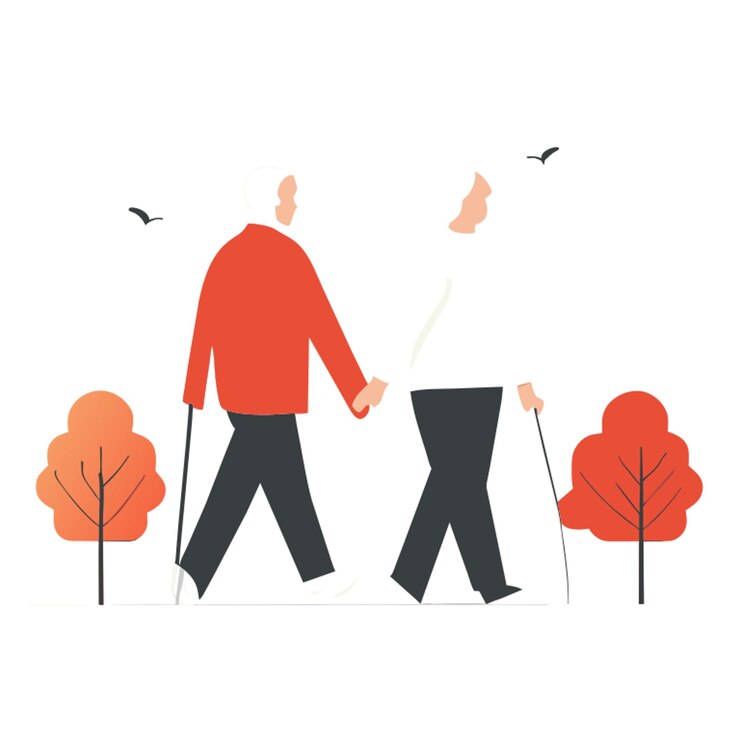Vector mature couple walking hand in hand in a park in autumn vector illustration flat 2