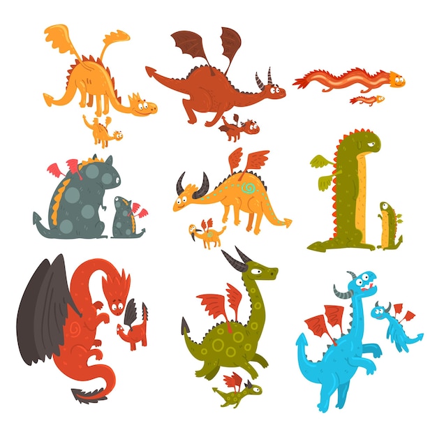 Mature dragons and small baby dragons set loving mothers and their kids families of mythical animals cartoon characters vector Illustration isolated on a white background