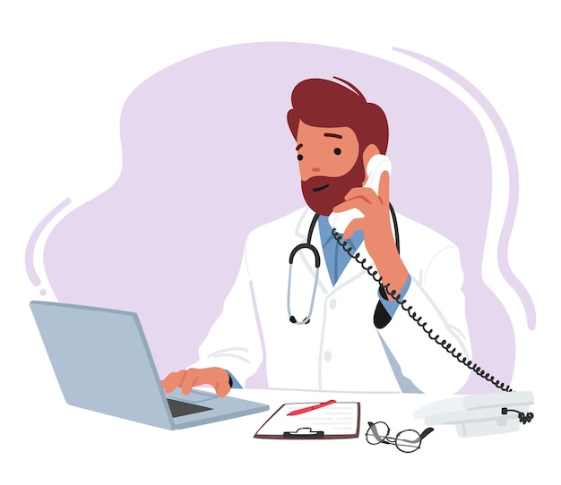 Vector mature male character doctor sitting at desk with laptop reviewing patient files prescribing medications