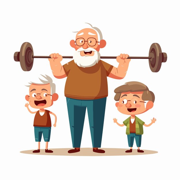 Vector mature male doing weight training grandfather with barbell