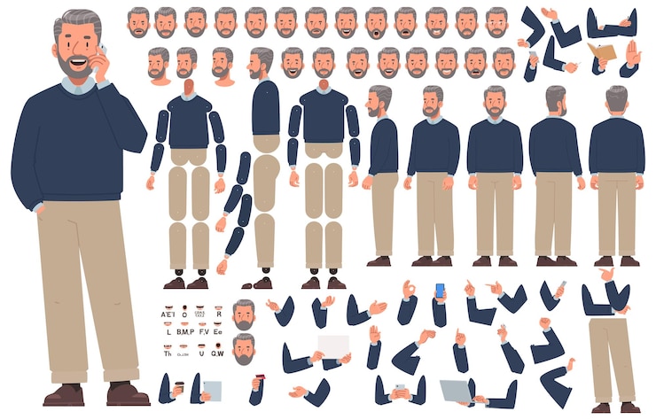 Vector mature man character constructor set different positions arms legs animation diy _ai_generated