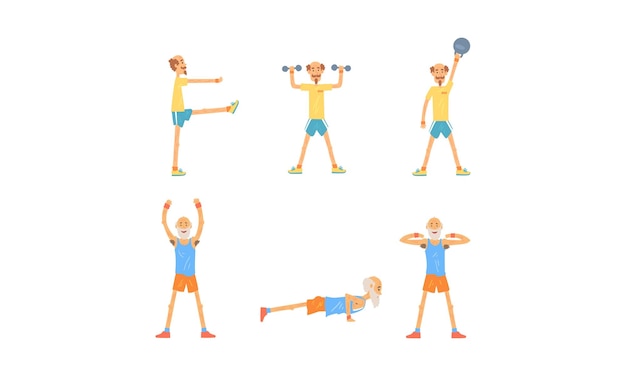 Mature Man Doing Morning Exercises Collection Aged Person Doing Sports People Engaged in Sports Vector Illustration