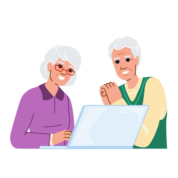 Vector mature seniors using laptop vector internet home elderly business old adult mature seniors using laptop character people flat cartoon illustration