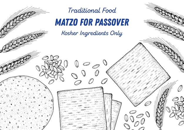 Matzo cooking and ingredients for matzo sketch illustration middle eastern cuisine frame traditional passover food design elements hand drawn menu and package design jewish food