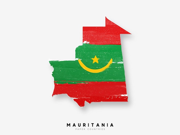 モーリタニアの国旗と詳細地図。国旗に水彩絵の具の色で描かれています。
