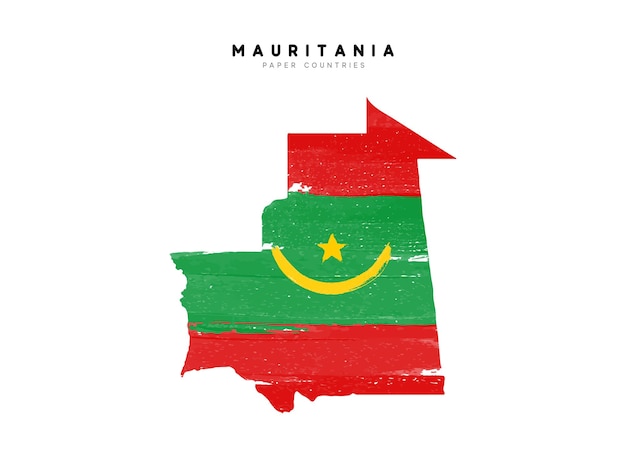 Mauritania detailed map with flag of country. Painted in watercolor paint colors in the national flag.