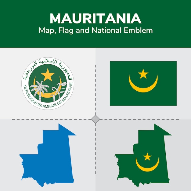 Mappa della mauritania, bandiera e emblema nazionale