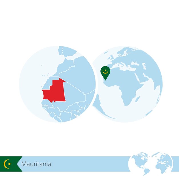 モーリタニアの旗と地域の地図で世界のモーリタニア。ベクトルイラスト。