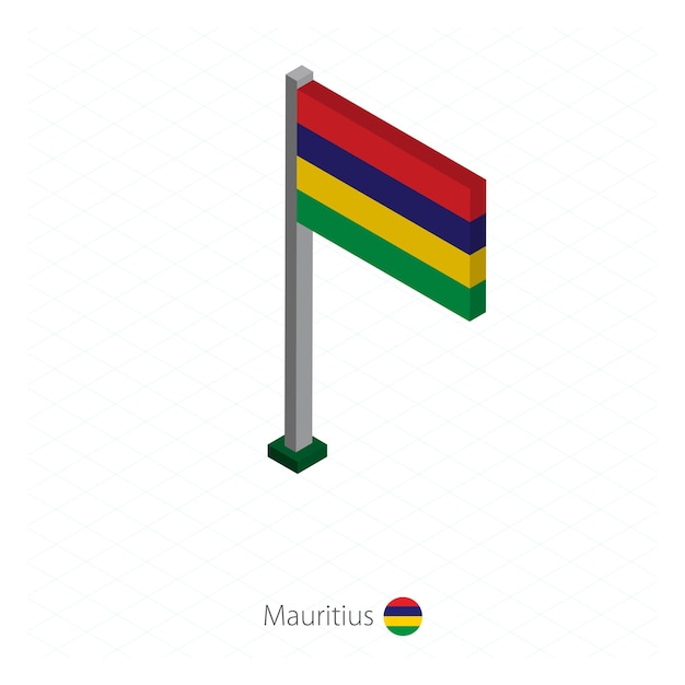 Vettore bandiera mauritius su flagpole in dimensione isometrica sfondo blu isometrico illustrazione vettoriale