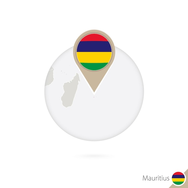 Mauritius map and flag in circle. Map of Mauritius, Mauritius flag pin. Map of Mauritius in the style of the globe. Vector Illustration.
