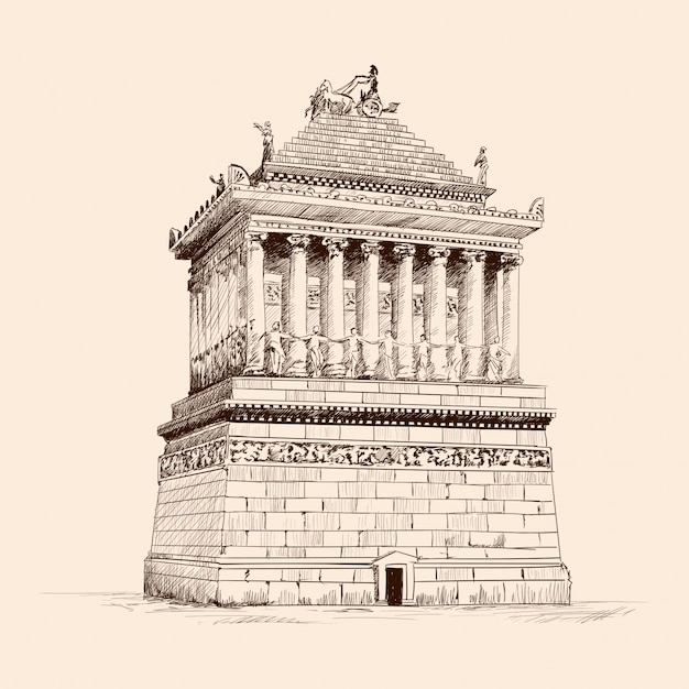Мавзолей с колоннами в галикарнасе. карандашный рисунок на бежевом фоне.