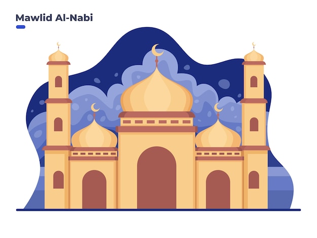 Illustrazione della celebrazione del compleanno di mawlid al nabi muhammad con la costruzione della moschea