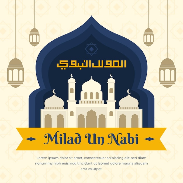 Mawlid milad-un-nabi greeting background with mosque and lanterns