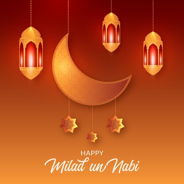 Vector mawlid milad-un-nabi greeting with moon and lanterns