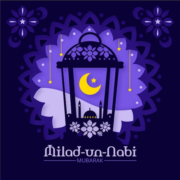 Vector mawlid milad-un-nabi greeting with mosque and moon