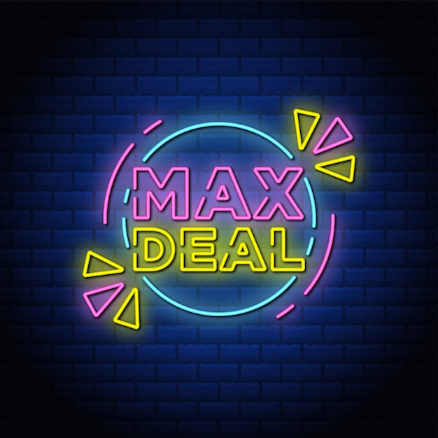 Vettore max deal insegna al neon stile testo design con muro di mattoni blu.