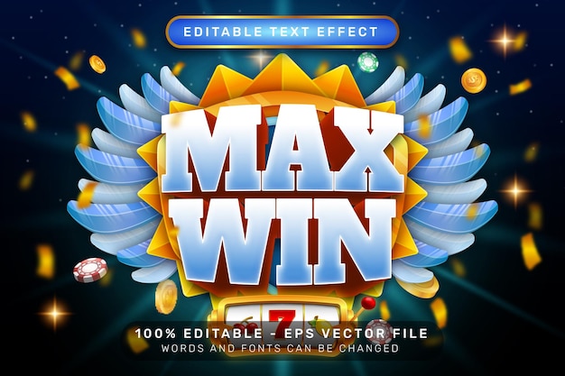 Vettore max win 3d effetto di testo e effetto di testo modificabile con illustrazione di slot machine e sfondo chiaro