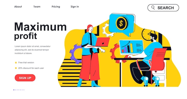 Maximum profit concept for landing page template man and woman earn money and increase income financially success business people scene vector illustration with flat character design for web banner