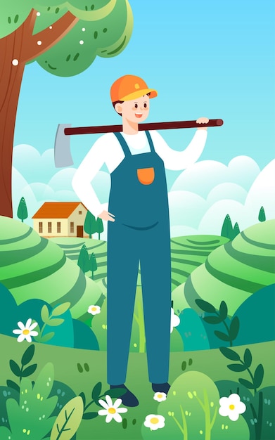 Il 1° maggio l'agricoltore della festa del lavoro che trasporta una zappa per lavorare nell'illustrazione vettoriale dei terreni agricoli