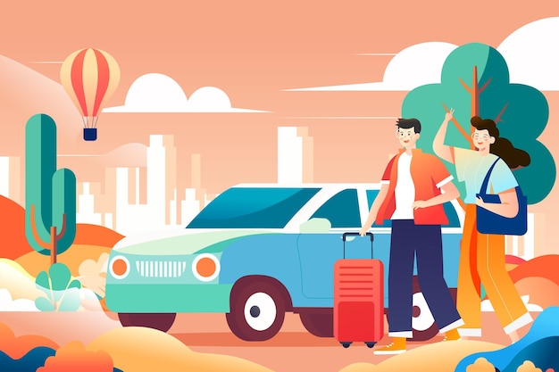 5 月 1 日のレイバー デーの休日、家族が車で街の建物や山に旅行に出かけます。